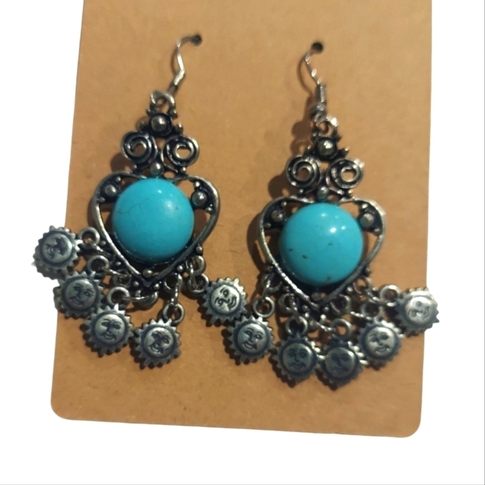 Vintage Turquoise and Silvertone Chandelier Moonface Earrings